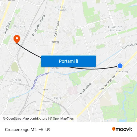 Crescenzago M2 to U9 map