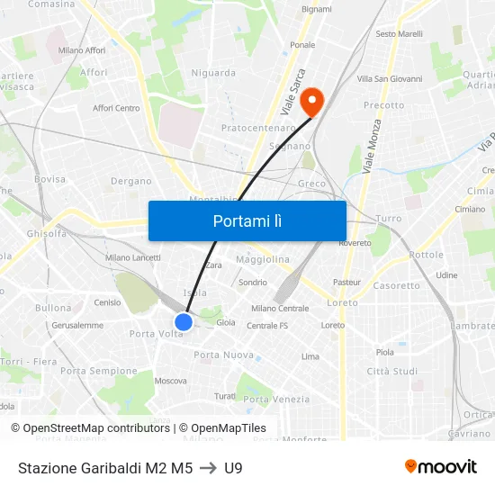 Stazione Garibaldi M2 M5 to U9 map