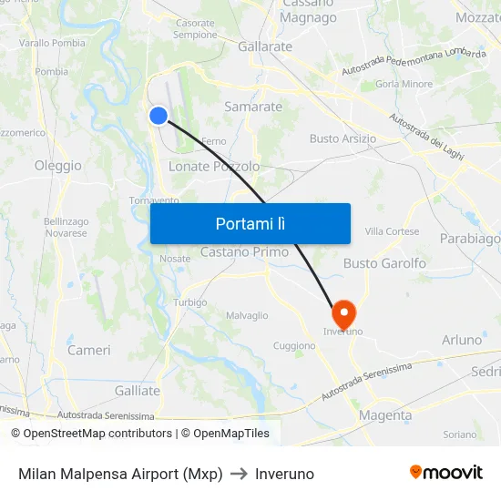 Milan Malpensa Airport (Mxp) to Inveruno map