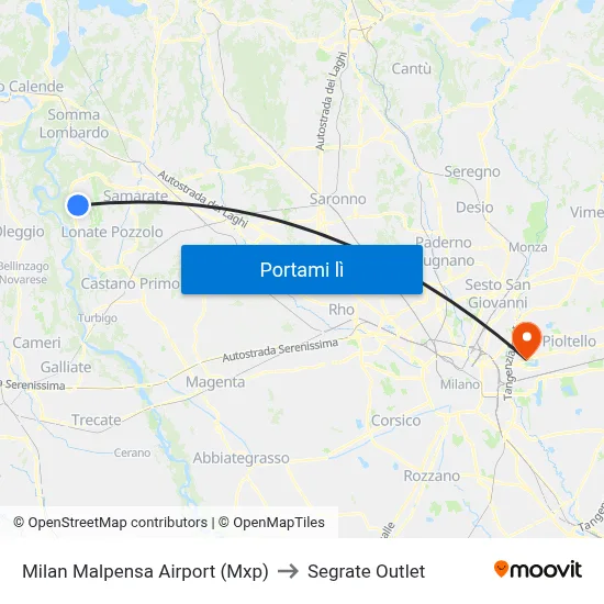 Milan Malpensa Airport (Mxp) to Segrate Outlet map