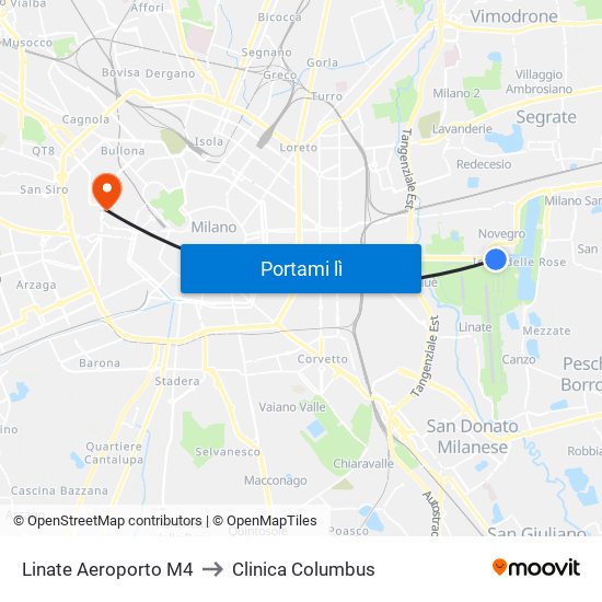 Linate Aeroporto M4 to Clinica Columbus map