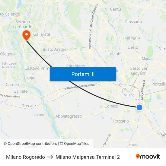 Milano Rogoredo to Milano Malpensa Terminal 2 map