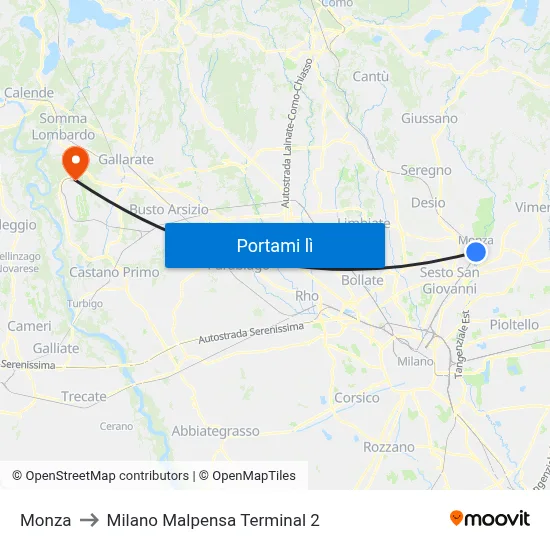 Monza to Milano Malpensa Terminal 2 map
