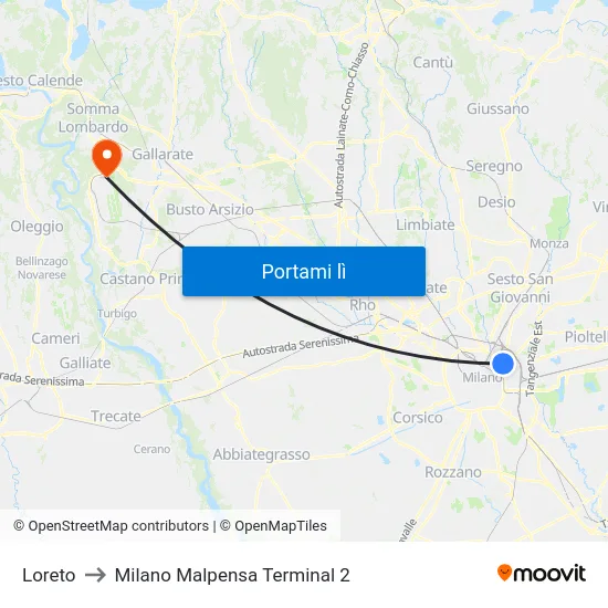 Loreto to Milano Malpensa Terminal 2 map