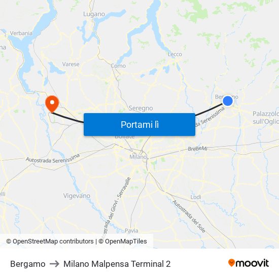 Bergamo to Milano Malpensa Terminal 2 map