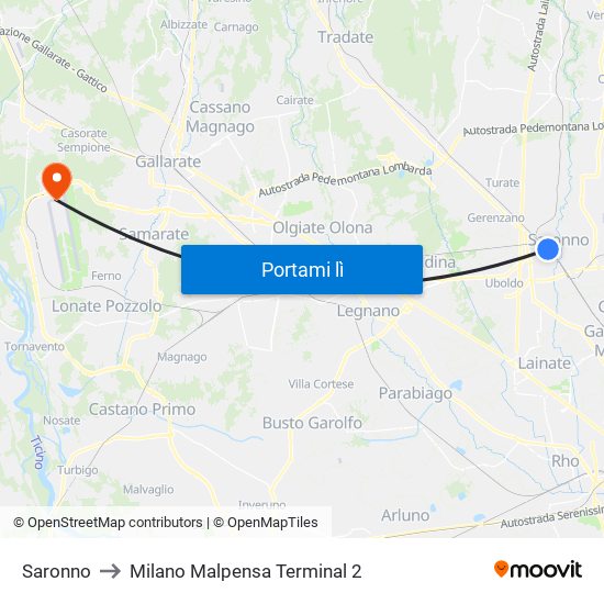 Saronno to Milano Malpensa Terminal 2 map