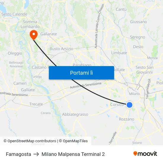 Famagosta to Milano Malpensa Terminal 2 map