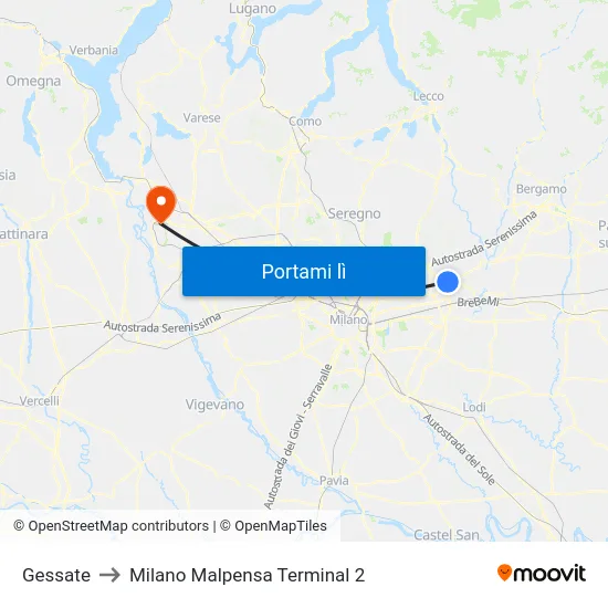 Gessate to Milano Malpensa Terminal 2 map