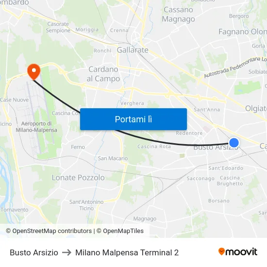 Busto Arsizio to Milano Malpensa Terminal 2 map