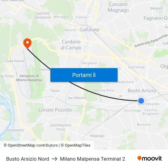 Busto Arsizio Nord to Milano Malpensa Terminal 2 map