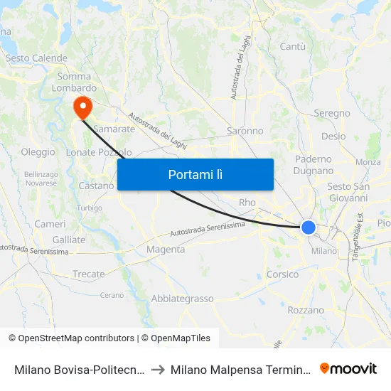 Milano Bovisa-Politecnico to Milano Malpensa Terminal 2 map