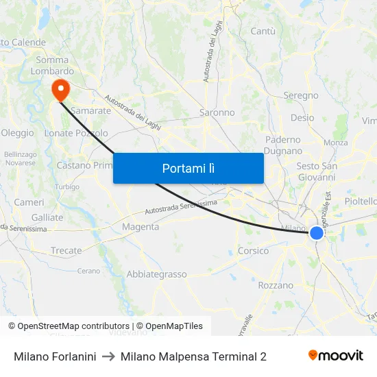 Milano Forlanini to Milano Malpensa Terminal 2 map