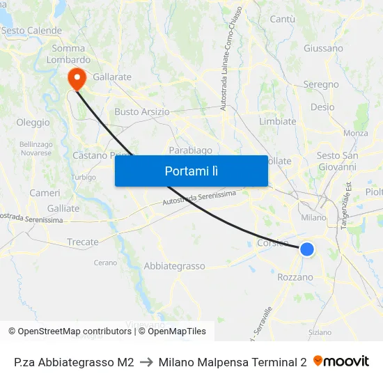 P.za Abbiategrasso M2 to Milano Malpensa Terminal 2 map