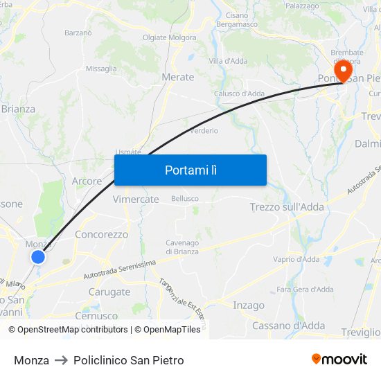 Monza to Policlinico San Pietro map