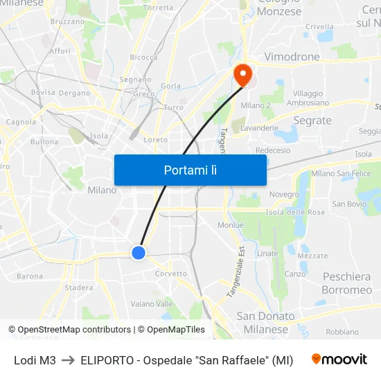 Lodi M3 to ELIPORTO - Ospedale "San Raffaele" (MI) map