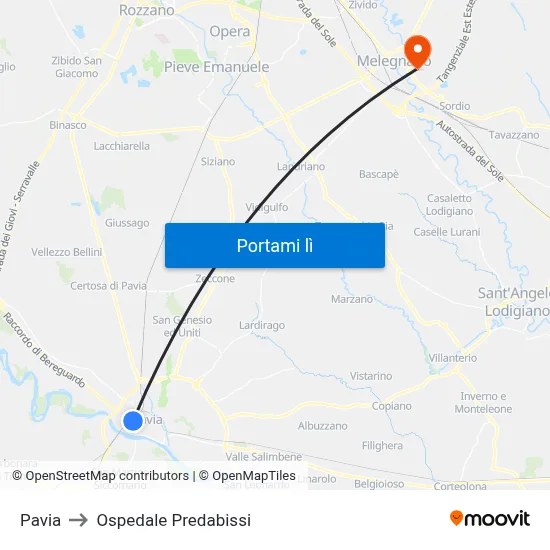 Pavia to Ospedale Predabissi map