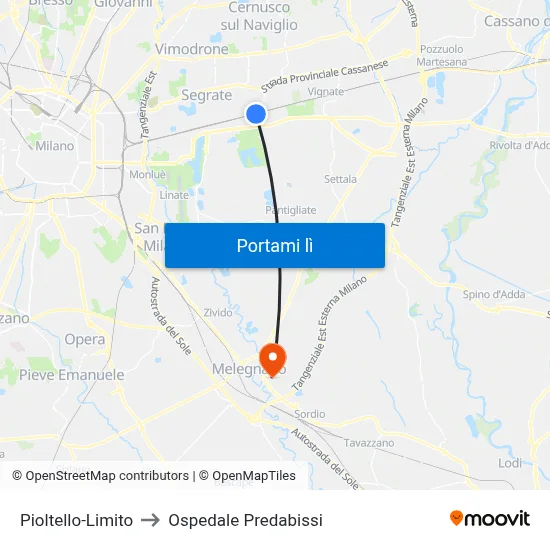 Pioltello-Limito to Ospedale Predabissi map