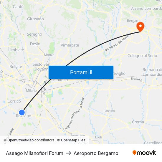 Assago Milanofiori Forum to Aeroporto Bergamo map