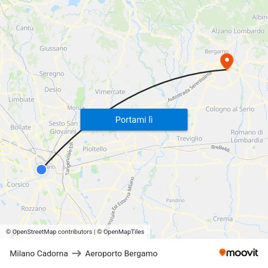 Milano Cadorna to Aeroporto Bergamo map