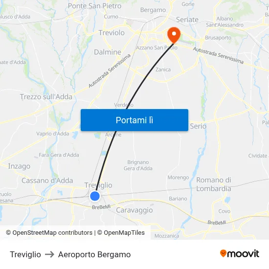 Treviglio to Aeroporto Bergamo map