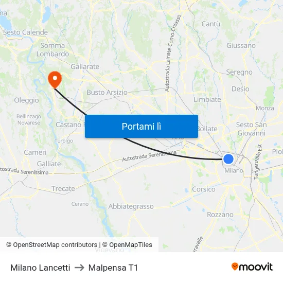 Milano Lancetti to Malpensa T1 map