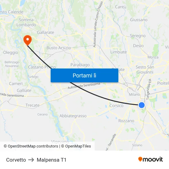Corvetto to Malpensa T1 map