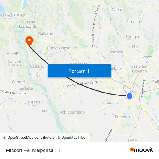 Missori to Malpensa T1 map