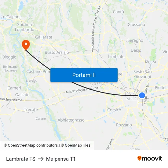Lambrate FS to Malpensa T1 map