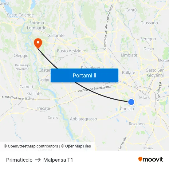 Primaticcio to Malpensa T1 map