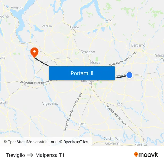 Treviglio to Malpensa T1 map