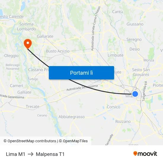 Lima M1 to Malpensa T1 map