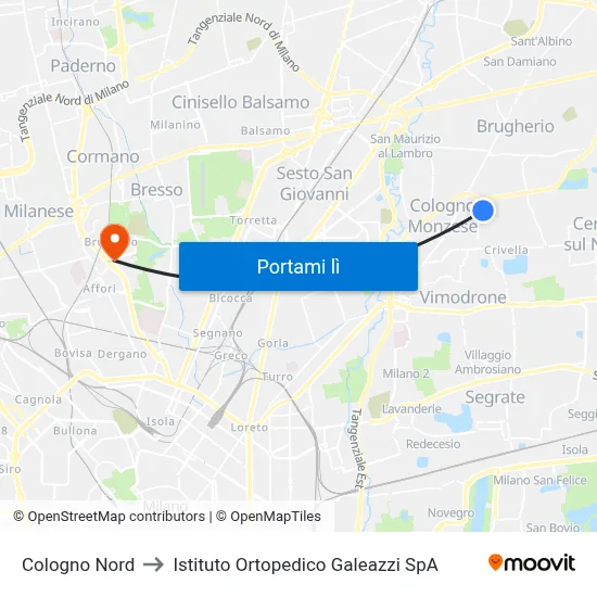 Cologno Nord to Istituto Ortopedico Galeazzi SpA map