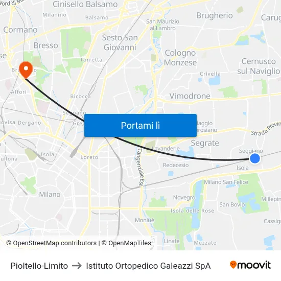 Pioltello-Limito to Istituto Ortopedico Galeazzi SpA map