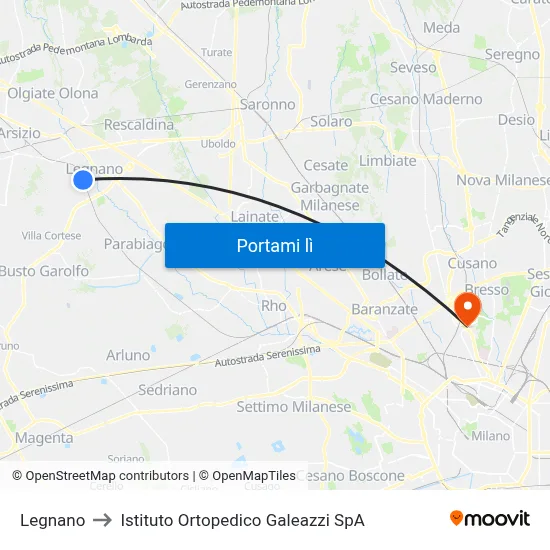 Legnano to Istituto Ortopedico Galeazzi SpA map