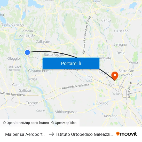 Malpensa Aeroporto T1 to Istituto Ortopedico Galeazzi SpA map