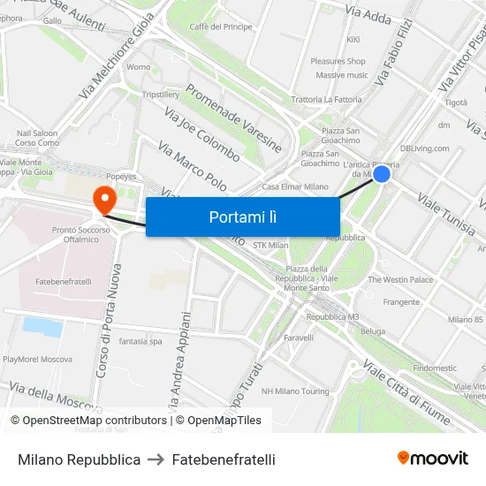Milano Repubblica to Fatebenefratelli map