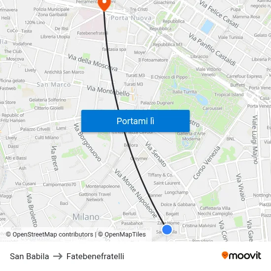 San Babila to Fatebenefratelli map