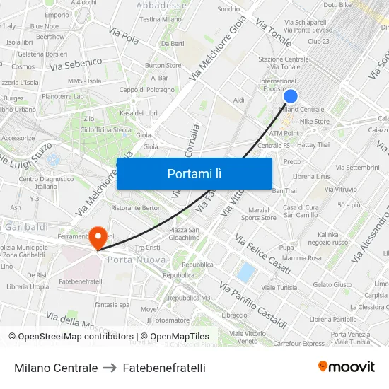 Milano Centrale to Fatebenefratelli map
