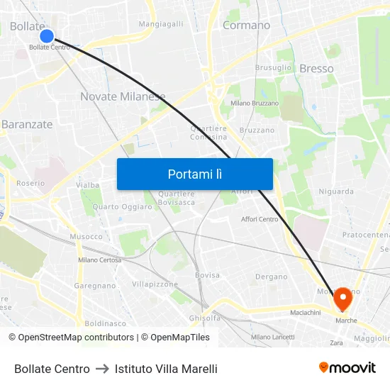 Bollate Centro to Istituto Villa Marelli map