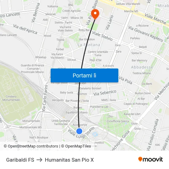 Garibaldi FS to Humanitas San Pio X map