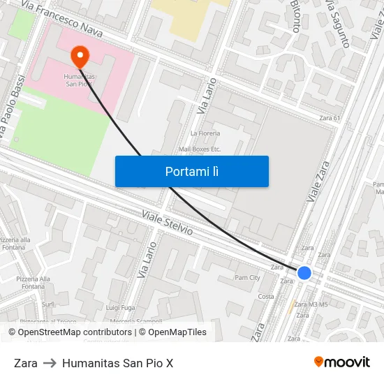 Zara to Humanitas San Pio X map