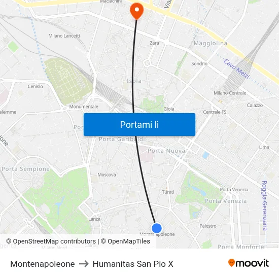 Montenapoleone to Humanitas San Pio X map