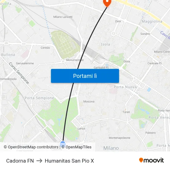Cadorna FN to Humanitas San Pio X map