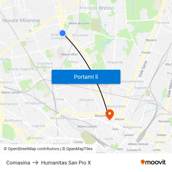 Comasina to Humanitas San Pio X map