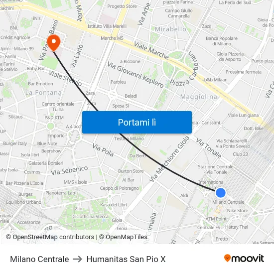Milano Centrale to Humanitas San Pio X map