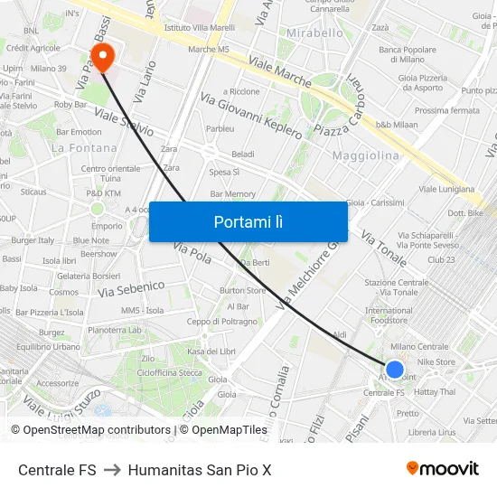 Centrale FS to Humanitas San Pio X map