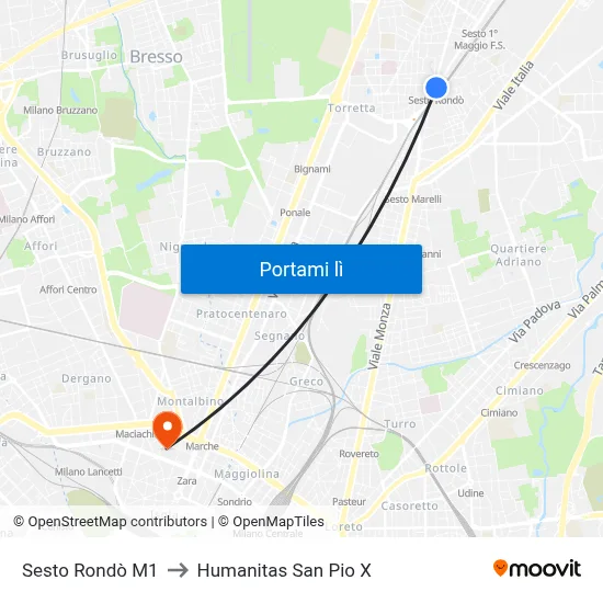 Sesto Rondò M1 to Humanitas San Pio X map
