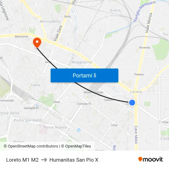 Loreto M1 M2 to Humanitas San Pio X map