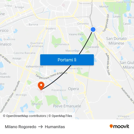 Milano Rogoredo to Humanitas map