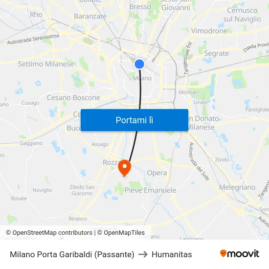 Milano Porta Garibaldi (Passante) to Humanitas map